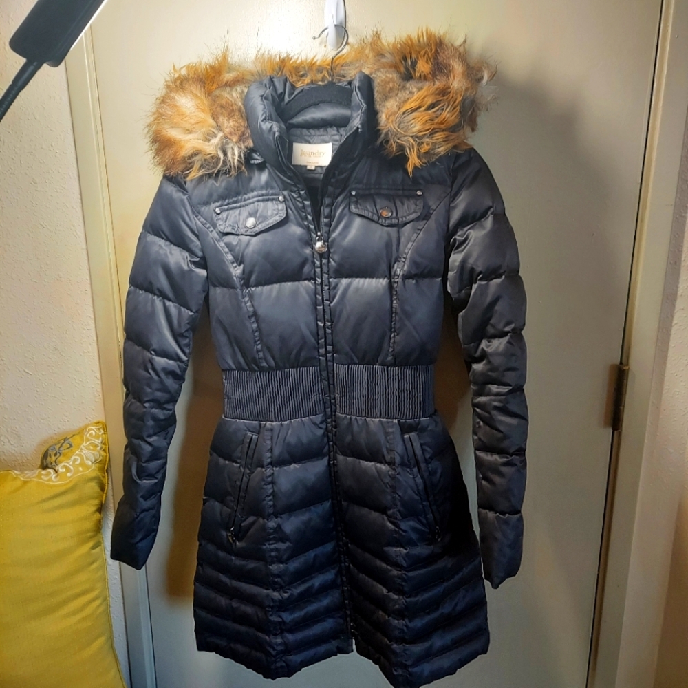 Laundry By Shelli Segal Down Coat Gray Faux Fur Detachable Hood 70